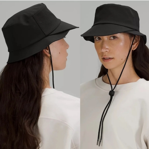 lululemon athletica Accessories - NWT Lululemon Wide Brim Bucket Hat With Strap M/L Black Drawcord Extra Shade Sun